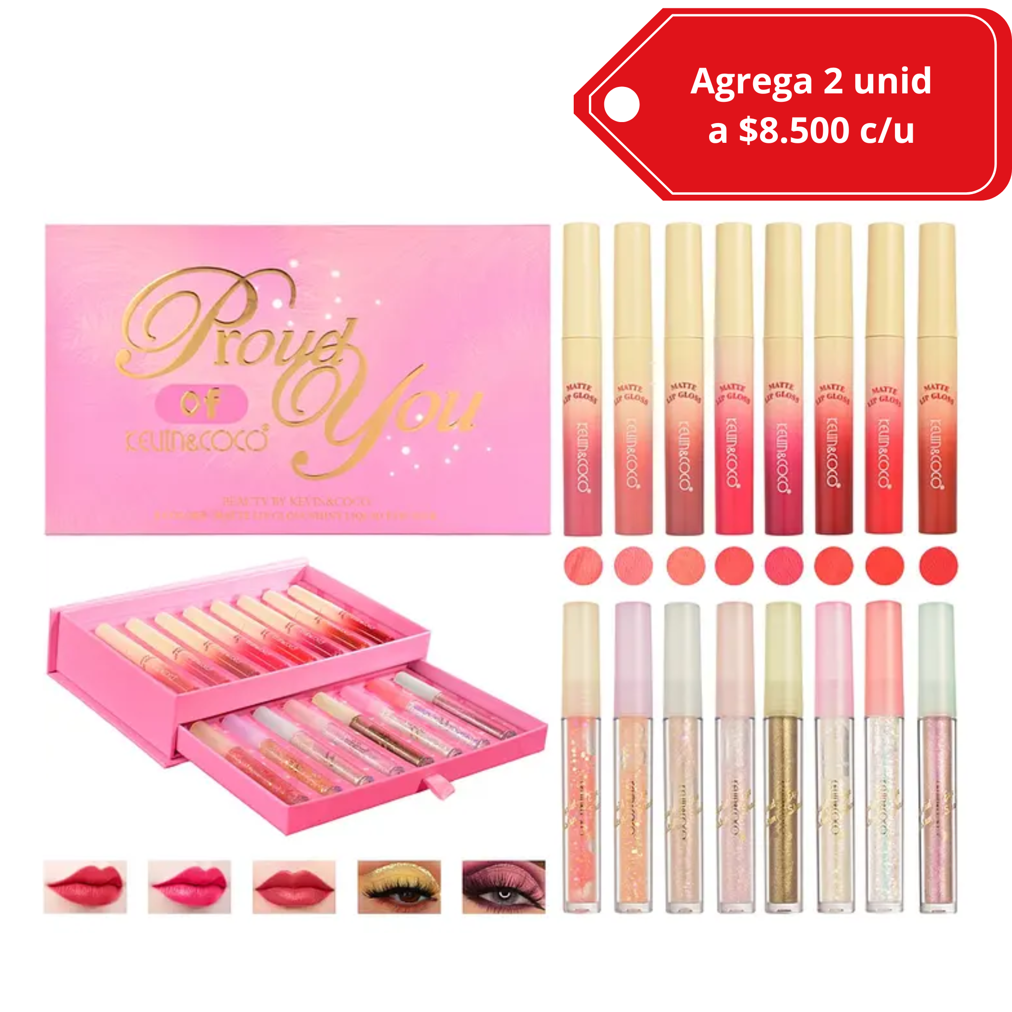 Kevin & Coco- Paletas 8 labiales + 8 sombras