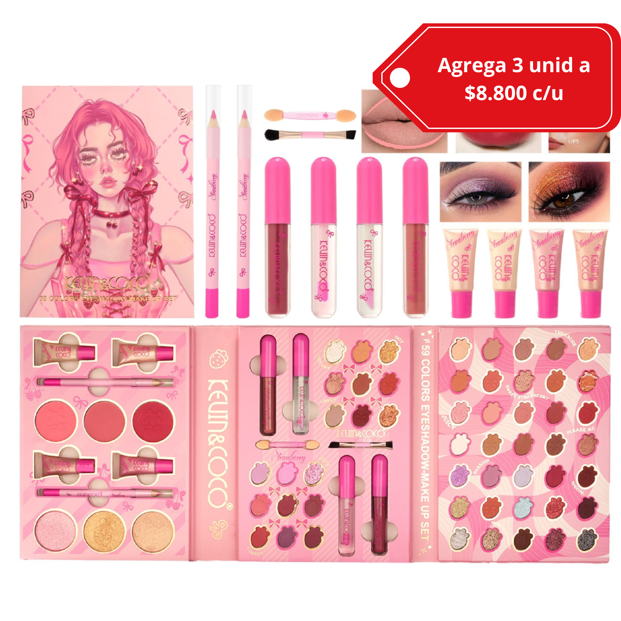 KEVIN & COCO- Paleta de Maquillaje con sombras labiales+ brillos+ delineadores+ iluminadores +brochas
