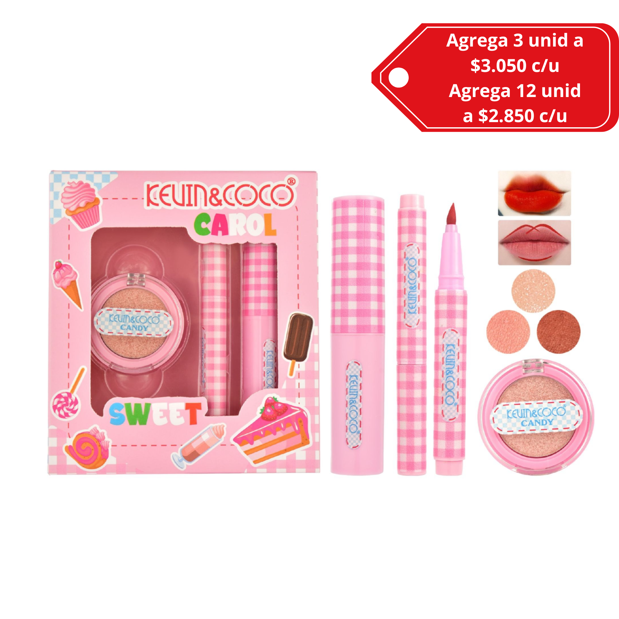 KEVIN & COCO- Set de maquillaje Iluminador+ polvo+ contorno+ delineador+ labial