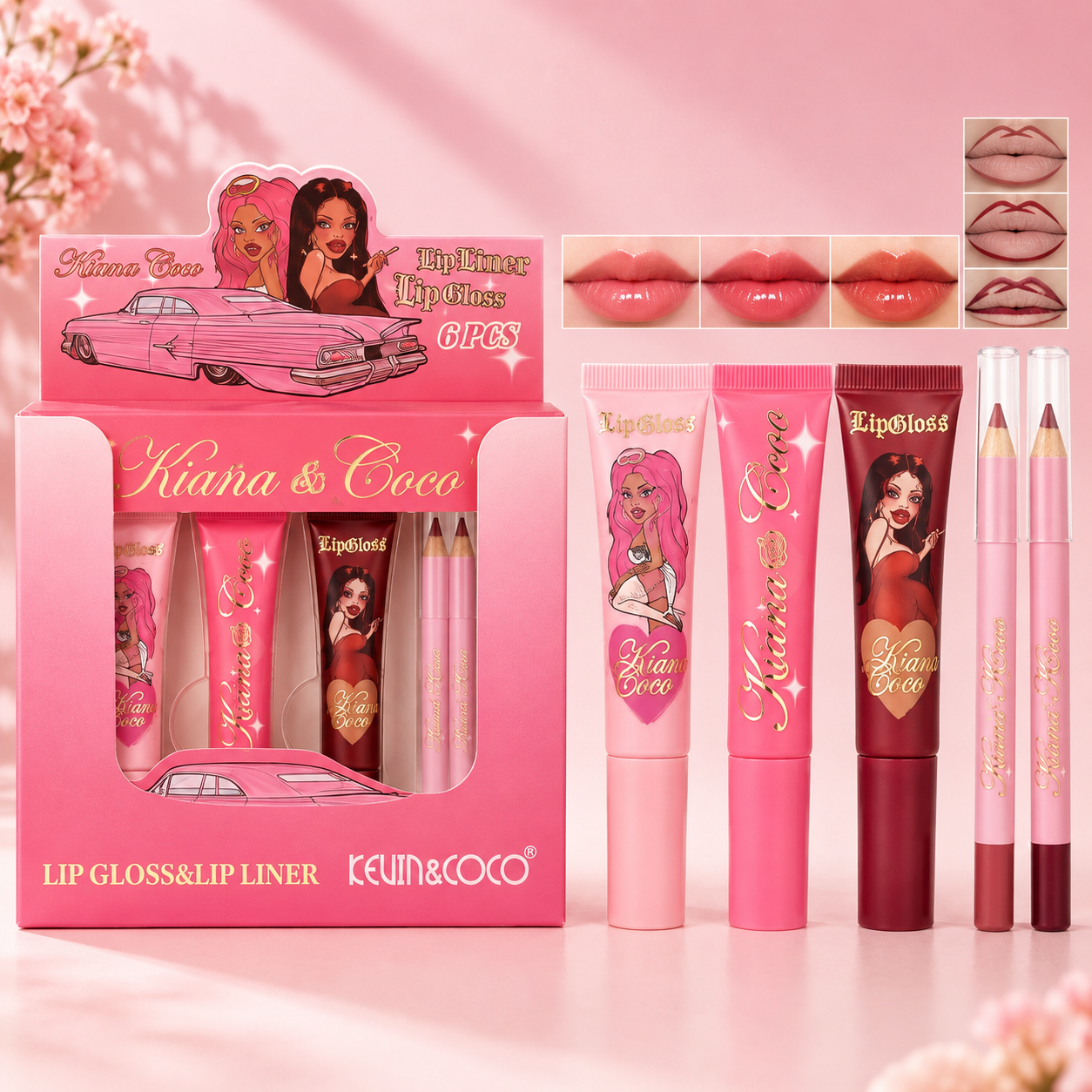 Kevin&Coco- Set de Lipcombos 3 gloss+ 2 delineadores