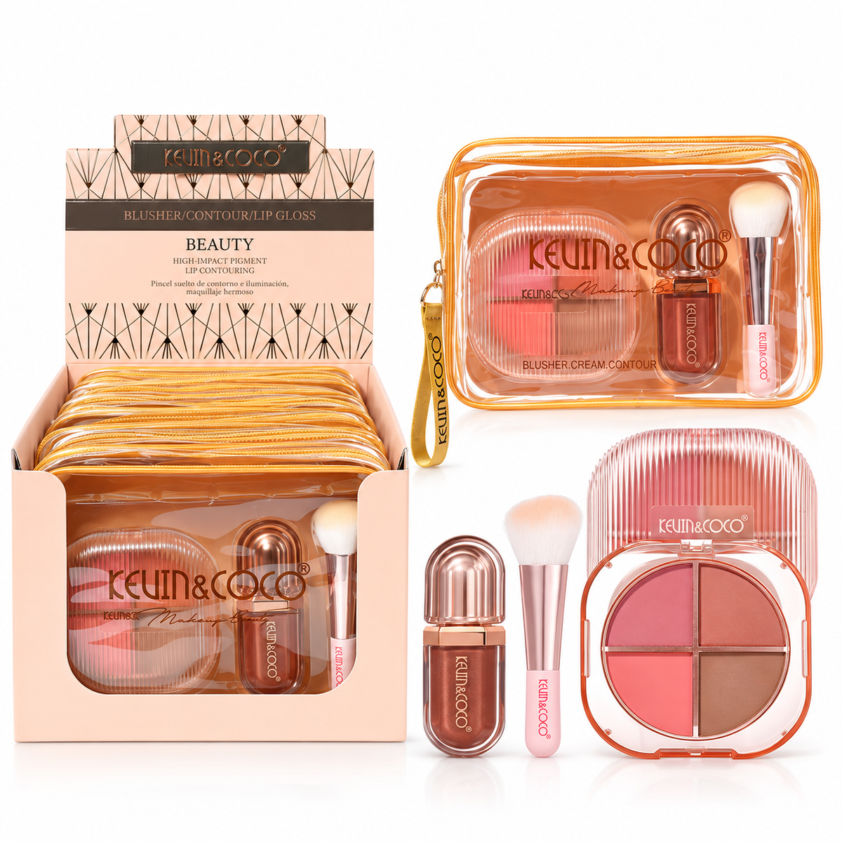 Kevin&Coco- Set de cosmetiquero + rubor contorno+ brocha + labial