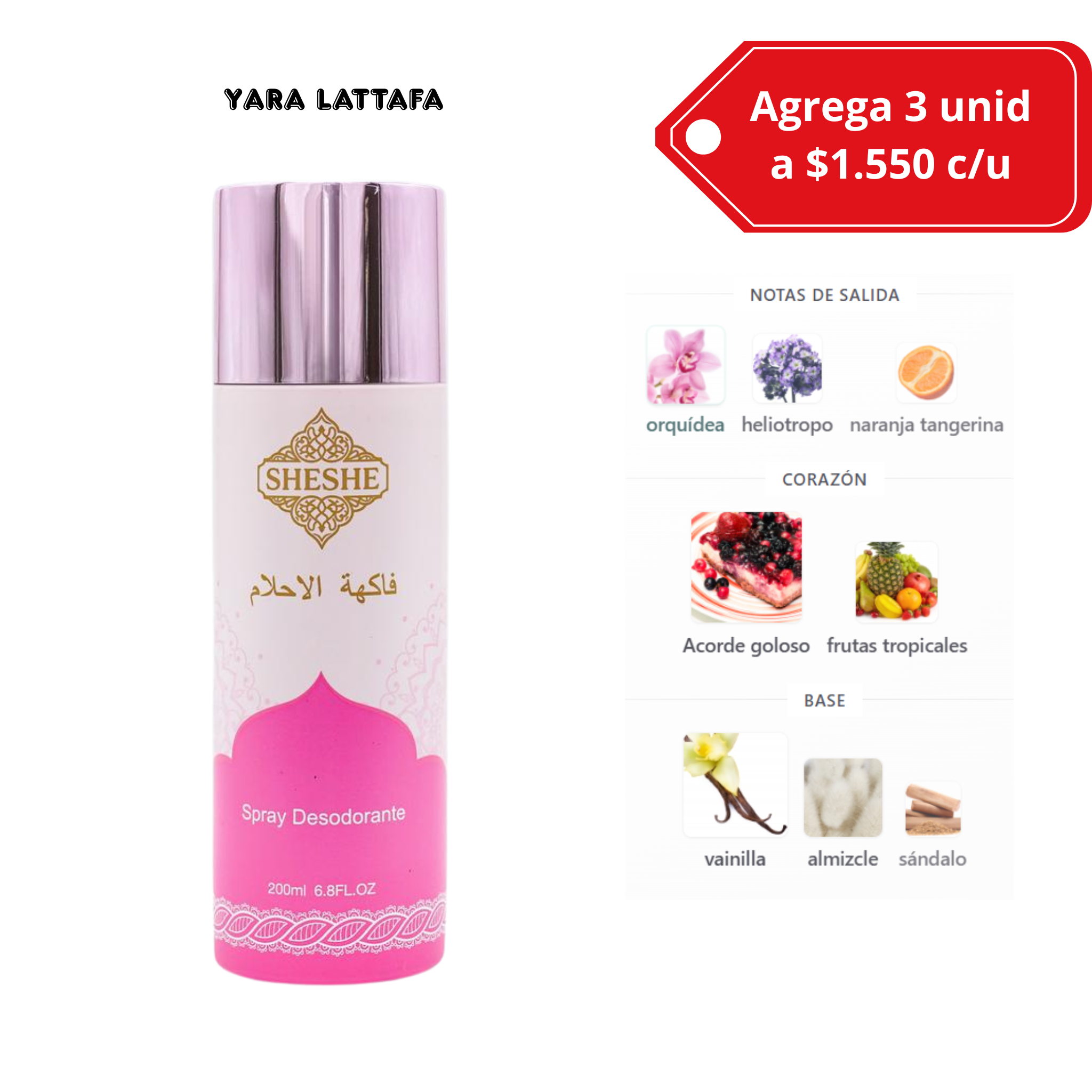 Desodorante en Spray Tipo Yara Lattafa Fragancia Femenina Dulce y Suave